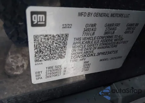 2023 Chevrolet Suburban 4Wd High Country из США, поврежденный, VIN 1GNSKGKL3PR234715